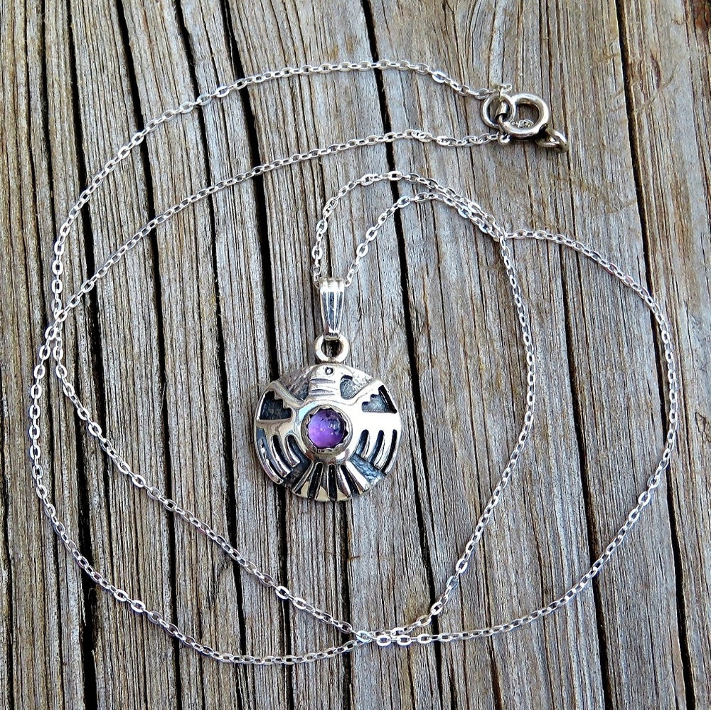 SOLD Vintage Navajo Thunderbird Amethyst Necklace - Picture 3 of 7